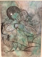 Close-up of the framed original painting showing the seated figure with knees drawn up, showcasing the charcoal line details and pastel watercolor background.