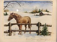 Close-up of painted horse figure and snowy background on paper