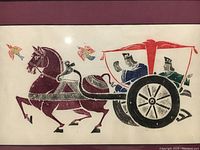 Close-up of Chinese color rubbing artwork showing horse, carriage, two figures, and birds on rice paper.