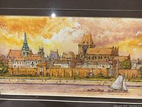 Close-up of the watercolor and ink painting showing detailed cityscape and signature on bottom right.