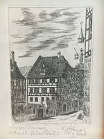 Close-up of the etching print showing black and white traditional Nurnberg street scene with signature and numbering.