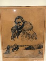 Close-up image of the original dry point etching depicting a man with fur coat, dogs, and nature scene.