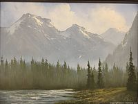 Close-up of full canvas showing mountain peaks, forest and lake scene.