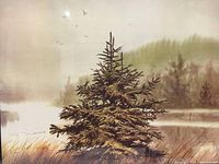 Close-up of the lithograph showing the pine tree, birds, and misty background, highlighting the detailed brushwork and color palette.
