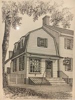 Close-up of the pencil architectural engraving showing detail of the building, tree, and shop sign.