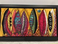 Front view of the rectangular textile artwork POD Party #2 by Lorraine Roy in black frame.