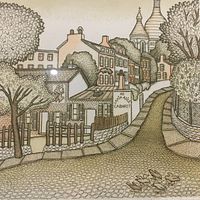 Close-up of the etched artwork showing a cobblestone street scene with buildings, trees, and rabbits, signed and numbered.