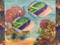 Close-up of the colorful underwater acrylic painting showing fish, coral, and sea life details.