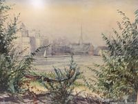Close-up image of the watercolor painting showing detailed brushwork on foliage, buildings, and water with soft color tones.