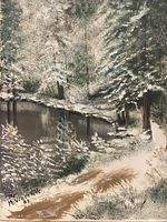 Close-up showing detailed forest and water scene painting by M. Van De Velde, signed and dated 1983.