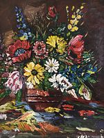 Close-up of the vintage oil painting showing bright flowers in a pot, painted with thick brushstrokes and dark background.