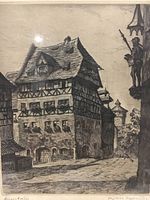 Close-up of the etching showing a tilted half-timbered building and knight figure with artist signature below the image.