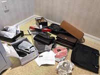 Multiple shoes, purses, and bags displayed on carpet, showing boxed shoes and various bags and purses scattered