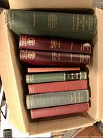 Top view of antique medical books showing various medical subjects and different colored hardcovers in a cardboard box.