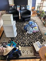 Full view of black and beige area rug with two black chairs visible on one end and miscellaneous household items including folded clothes and plastic drawers on top of the rug.