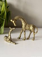 Photo showing standing and seated brass giraffe figurines side by side on a white surface with a green leafed plant in background.