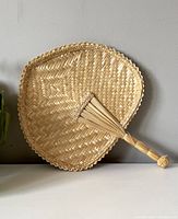 Woven wicker fan lying on a white surface next to a green plant, showing the fan's front side and handle details.