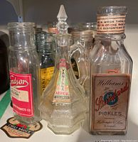 Three bottles: Windsor Relish, vanilla extract decanter, Williams Strathnaver pickles