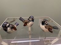 Three small porcelain bird figurines arranged on a glass surface.