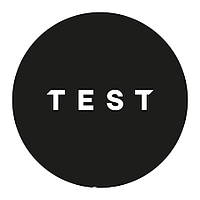 Black circular graphic with white 'TEST' text