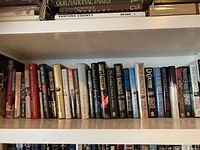 Shelf filled with books mostly hardcover and fiction including American Crime Novel and Upholding the flames of justice by David Brin