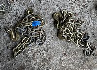 Overview photo showing two chains coiled separately on a concrete floor, with clevis hooks attached.