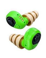 Close-up image of the green and black 3M PELTOR EEP-100 electronic earplugs with beige triple-flange eartips attached.