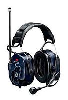 Single headset showing earcups, headband, boom microphone and antenna