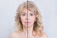 Side-by-side before and after portrait demonstrating facial skin improvement