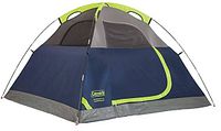 Full view of Coleman Sundome 3-person tent showing the blue and gray tent fabric with neon green trimming and mesh windows.