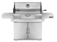 Front elevation view of grill showing stainless steel construction, lid with temperature gauge, side shelves, front drawer and cabinet doors