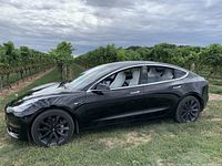 Black Tesla Model 3 sedan parked among vineyard rows under cloudy sky.