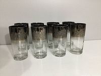 Photo showing a set of 8 silver fade highball glasses with an embossed leaf pattern near the top, all arranged on a white surface.