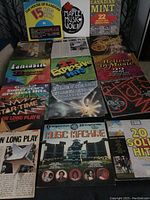 Photo showing 17 vinyl albums from K-Tel collection with covers visible, arranged in 3 rows on a dark patterned fabric background.