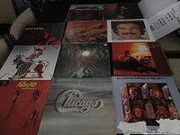Top down view showing all 11 vinyl album covers laid out, visible titles Chicago, Animals, Bachman-Turner Overdrive II, and partially visible others