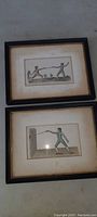 Two antique fencing pictures in original black wood frames taken from a distance