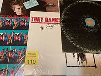 Four vinyl album covers and partially visible records featuring Don Henley, The Rolling Stones, Tony Banks, and Chicago.