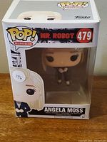 Front of the box showing Angela Moss figure inside. Pop! Television logo, Mr. Robot title, figure number 479, and character name clearly visible.