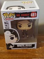Front view of White Rose Funko Pop vinyl figure in original white and clear window box. Shows figure inside packaging with model number 481 and Mr. Robot branding.