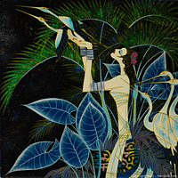 Close-up photo of the black lacquer tile showing the Art Deco style woman holding birds, surrounded by palm leaves and cranes, with mother of pearl accents on the arms.
