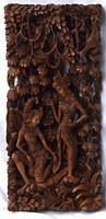 Front view of the wood panel showing two traditional figures in detailed carved relief with lush foliage.