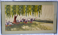 Full framed view of the watercolor painting showing geese under a large weeping willow tree with rich green foliage and shadows cast on the grassy ground.
