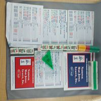 Mahjong set including tiles aligned, visible printed scorecards with Mahjong scoring charts, plastic chips stacked by color, and green scoring tool on a gray surface.