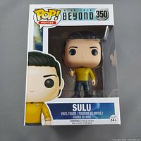 Front of the Funko Pop! box showing Sulu figure with yellow uniform and the Pop! Movies and Star Trek Beyond branding.