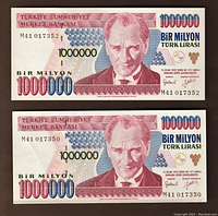 Obverse front side of two 1,000,000 Turkish Lira banknotes showing Atatürk portrait and denomination details.