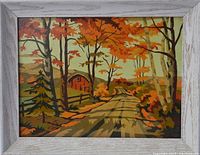 Front view of vintage paint by number artwork in a light distressed wood frame showing autumn landscape with barn, trees, and pathway.