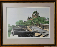 Full framed vintage print showing Rue de Rampart with cannons and Château Frontenac in background.