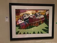 Framed watercolour painting showing two boats on dry land with detailed vibrant colors and signature.