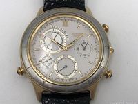 Front view of Citizen Quartz chronograph watch showing dial with multiple subdials including calendar, timer, and 24-hour time.