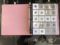 Pink three-ring binder open showing plastic sleeves with white paper flips holding vintage coins in multiple pockets.